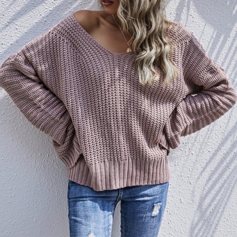 Dusty Pink Off Shoulder Oversized Knit Sweater - Picture 5 of 7